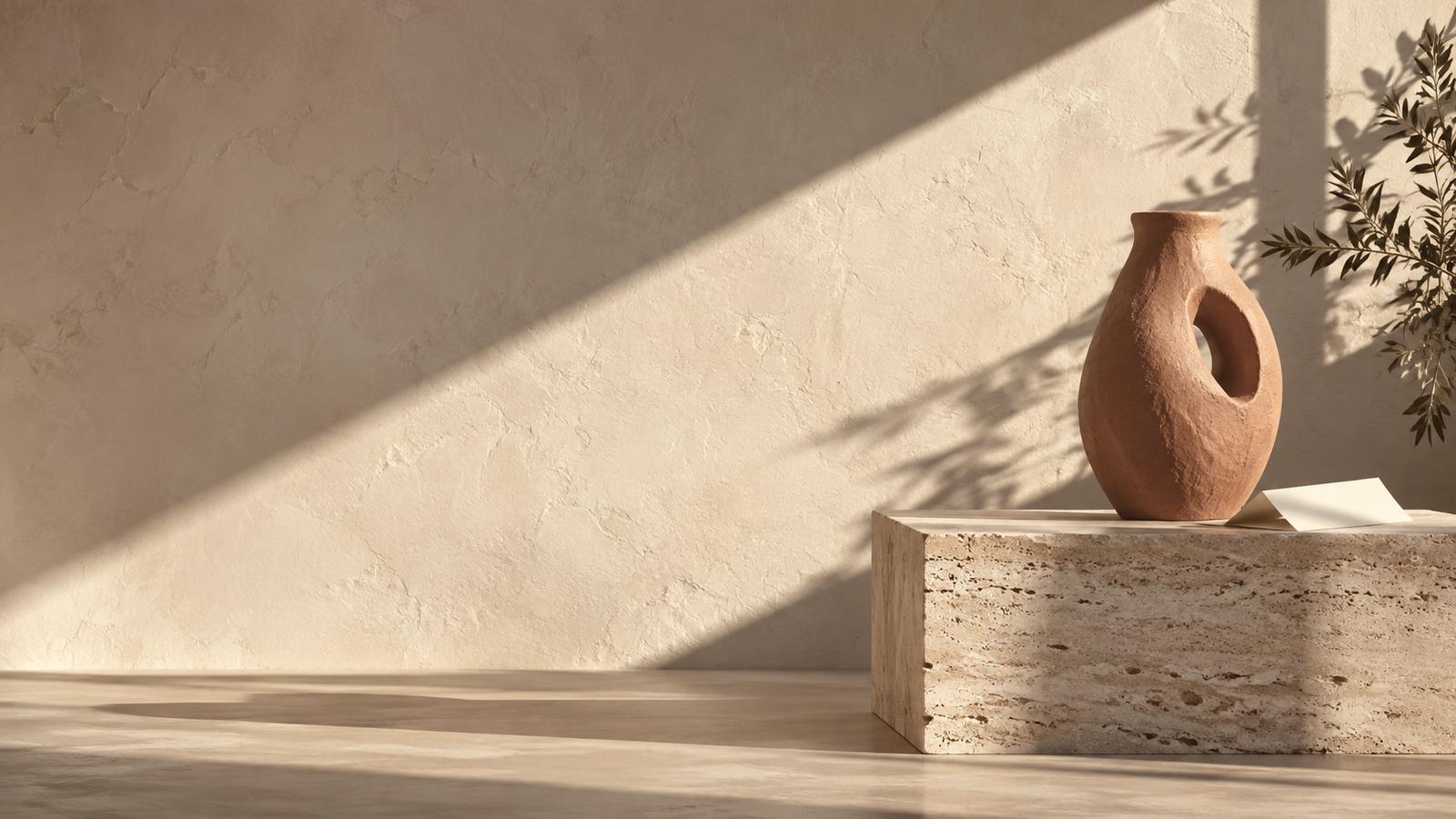 Ceramic sculpture on travertine in a sunlit plaster gallery